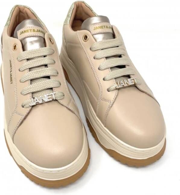 Janet & Janet Beige Leren Sneakers met Strass Logo