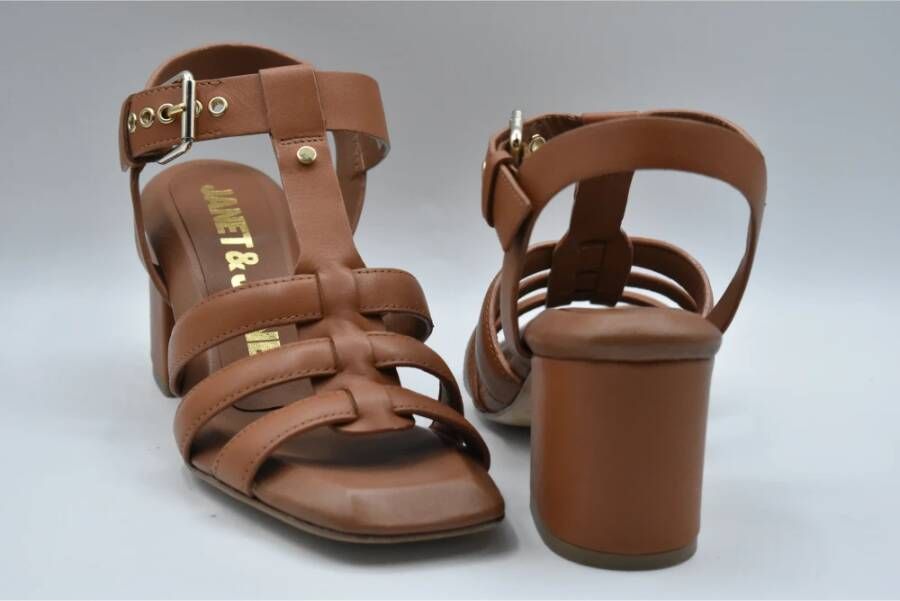 Janet & Janet Bruin Leren Hoge Hak Sandalen