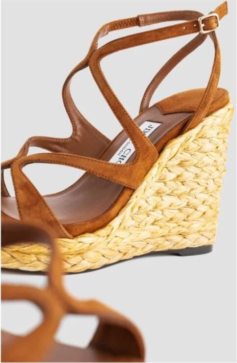 Jimmy Choo Suede en Raffia Sleehak Sandalen