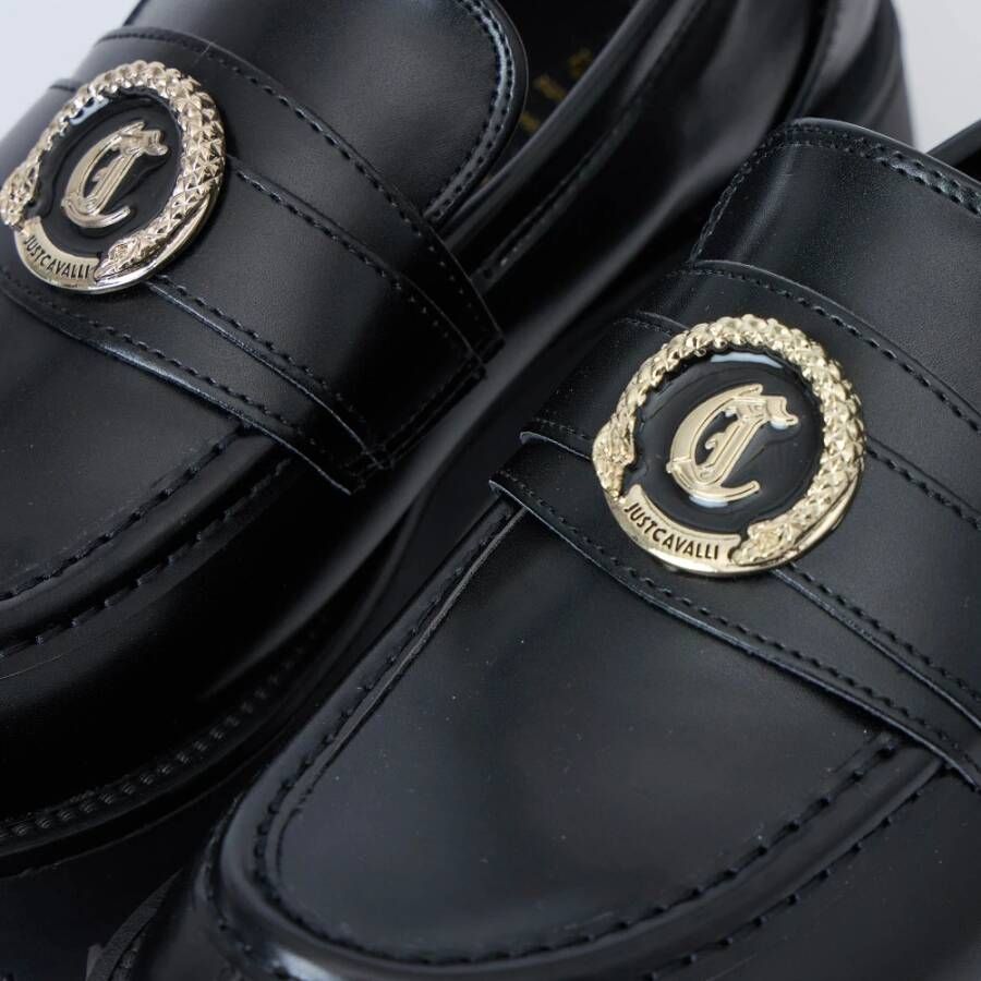 Just Cavalli Zwarte Logo Metalen Loafer Hoge Zool