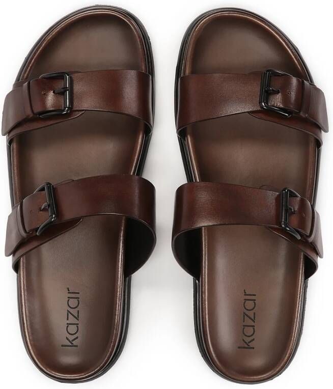 Kazar Bruine leren slippers met twee verstelbare banden