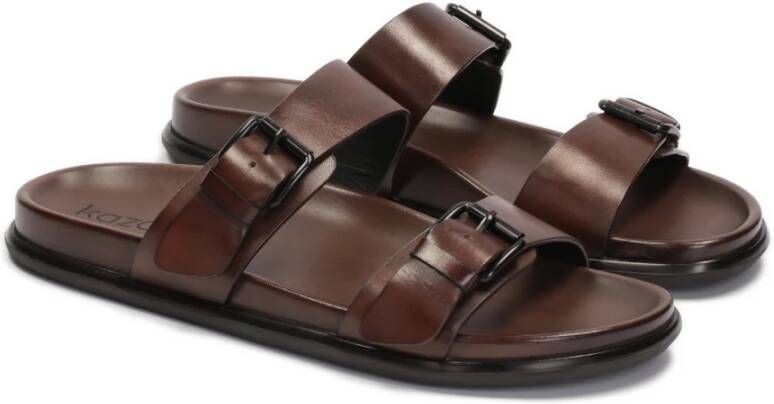 Kazar Bruine leren slippers met twee verstelbare banden Brown Heren