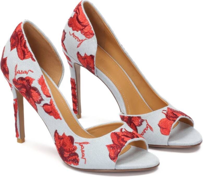 Kazar Denim stof peep toe pumps met geborduurde bloemen Red Dames