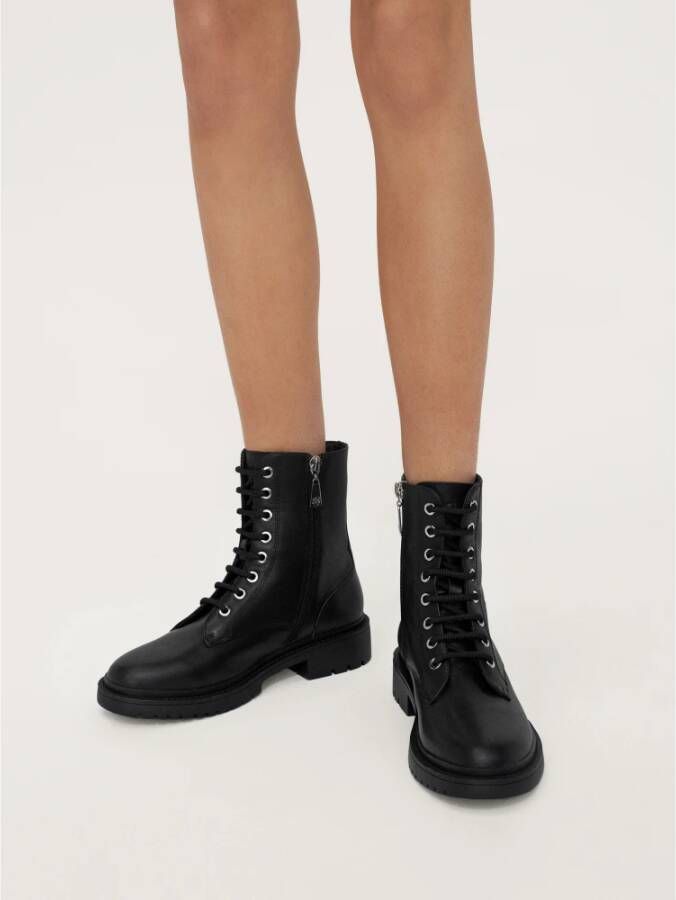 Kazar Warme zwarte platte enkellaarsjes met rits en vetersluiting Black Dames