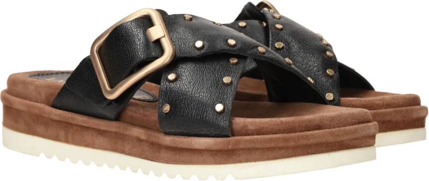Lazamani Studded Leather Slipper with Buckle Closure Black Dames