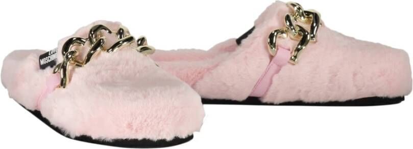 Love Moschino Faux Fur Slip-On Mules met Ketting Pink Dames