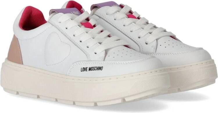 Love Moschino Witte en Roze Leren Sneaker met Geborduurd Logo Wit Dames