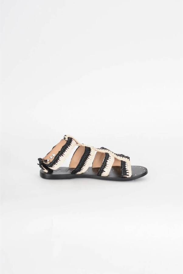 Manebí Raffia Gestreepte Leren Sandalen Black Dames