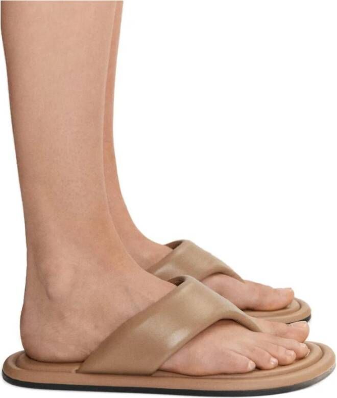 Mango Beige Leren Teenslippers Platte Stijl