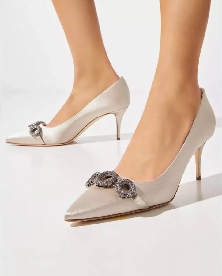 Manolo Blahnik Beige Satin Crystal Buckle Pumps