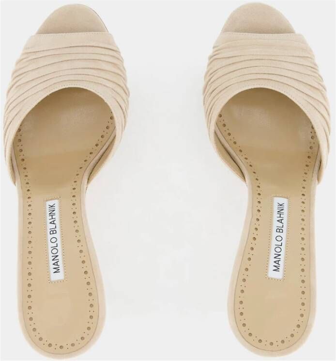 Manolo Blahnik Beige Suède Gerimpelde Open Teen Muiltjes