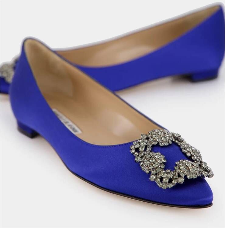 Manolo Blahnik Blauwe Satijnen Kristal Gesp Ballerina's