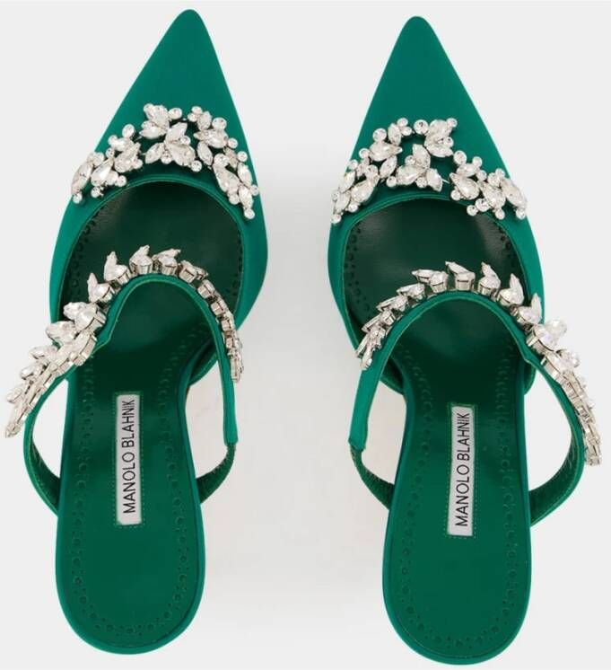 Manolo Blahnik Groene Kristalversierde Satijnen Muiltjes