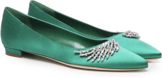 Manolo Blahnik Groene platte satijnen pumps met kristalversiering Green Dames