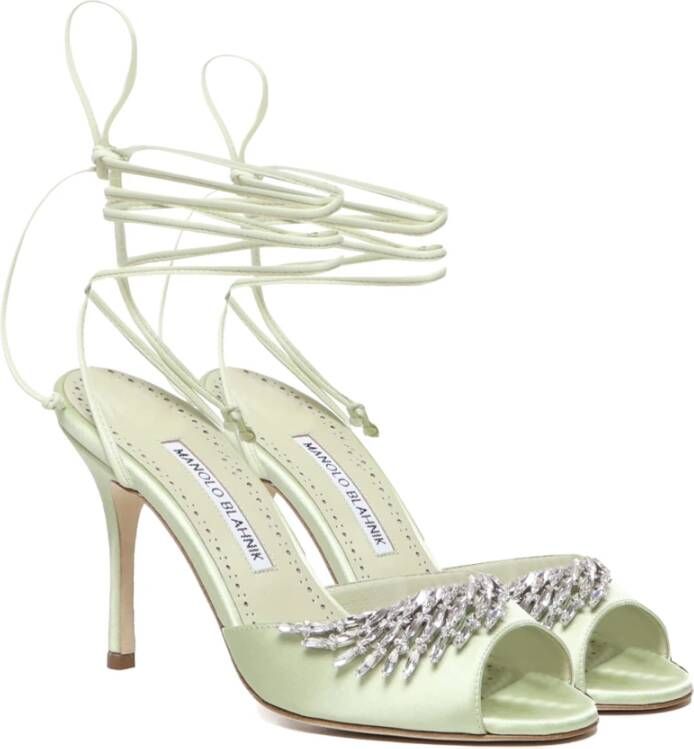 Manolo Blahnik Groene sandalen met kristallen en kegelhak Green Dames