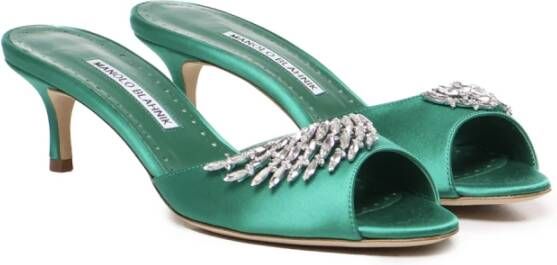 Manolo Blahnik Groene Satijnen Kristallen Sandalen Green Dames