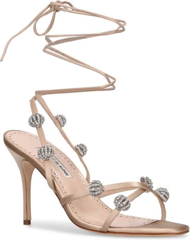 Manolo Blahnik Kristalversierde Zijden Sandalen Beige Dames