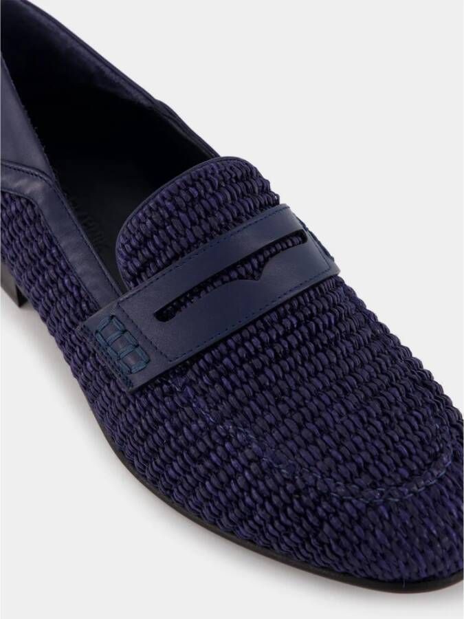 Manolo Blahnik Marineblauwe Raffia Penny Loafers