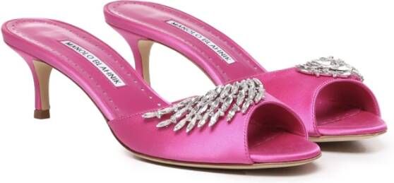 Manolo Blahnik Roze Satijnen Kristal Sandalen Pink Dames