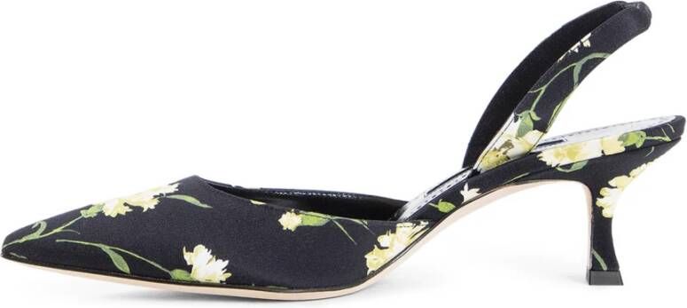 Manolo Blahnik Zwarte Satijnen Slingback Hakken met Bloem