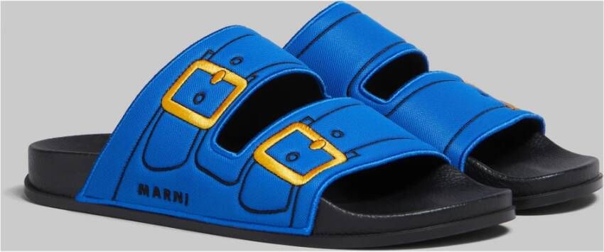 Marni Trompe l'oeil slider met geborduurde gespen Blue Heren