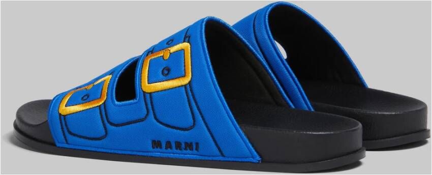 Marni Trompe l'oeil slider met geborduurde gespen Blue Heren
