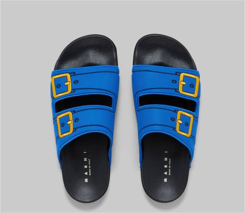 Marni Trompe l'oeil slider met geborduurde gespen Blue Heren