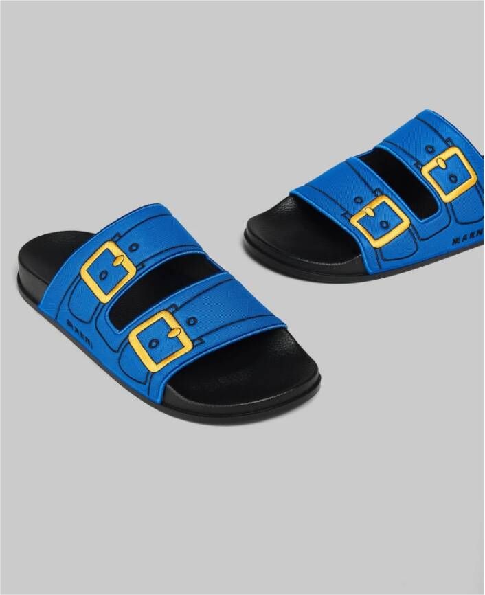 Marni Trompe l'oeil slider met geborduurde gespen Blue Heren