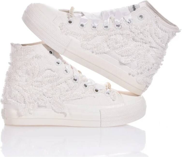 Mimanera Parel Versierde Witte Platform Sneakers White Dames