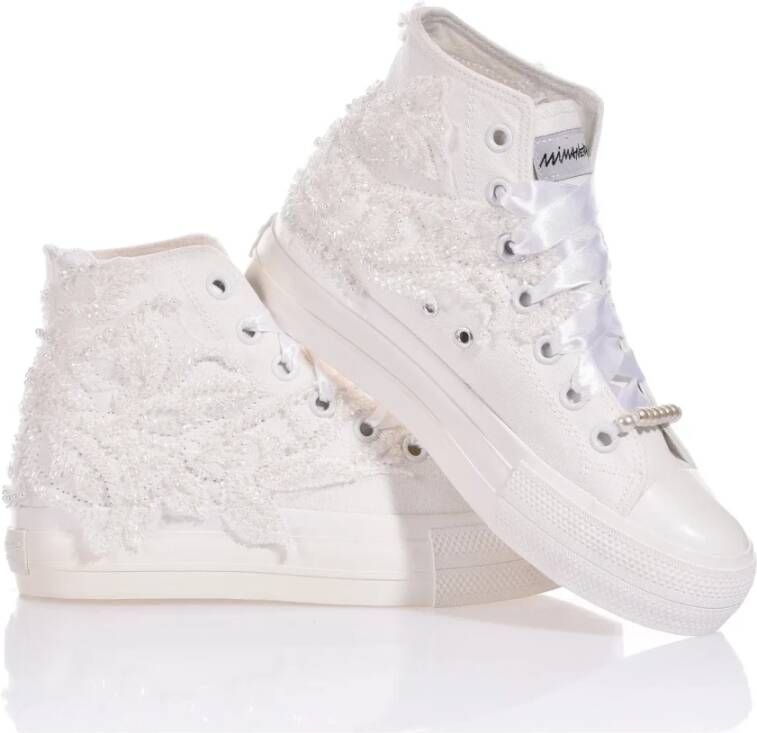 Mimanera Parel Versierde Witte Platform Sneakers White Dames