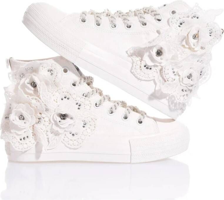 Mimanera Witte Sneakers met Bloemen Macramé White Dames