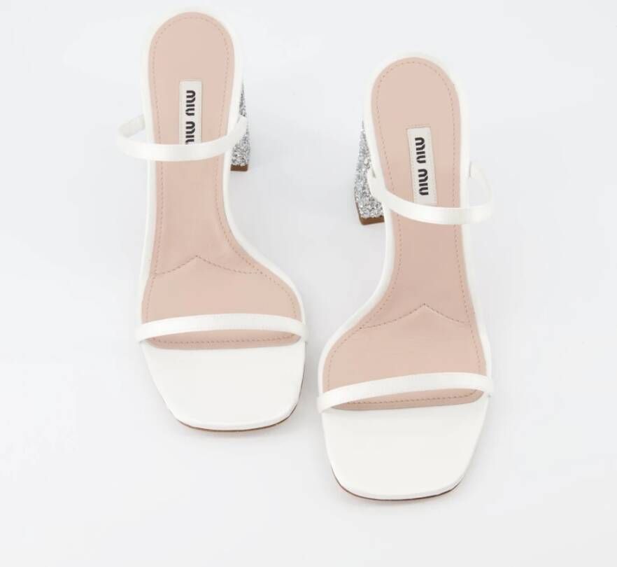 Miu Glitterige Open Teen Leren Muiltjes White Dames