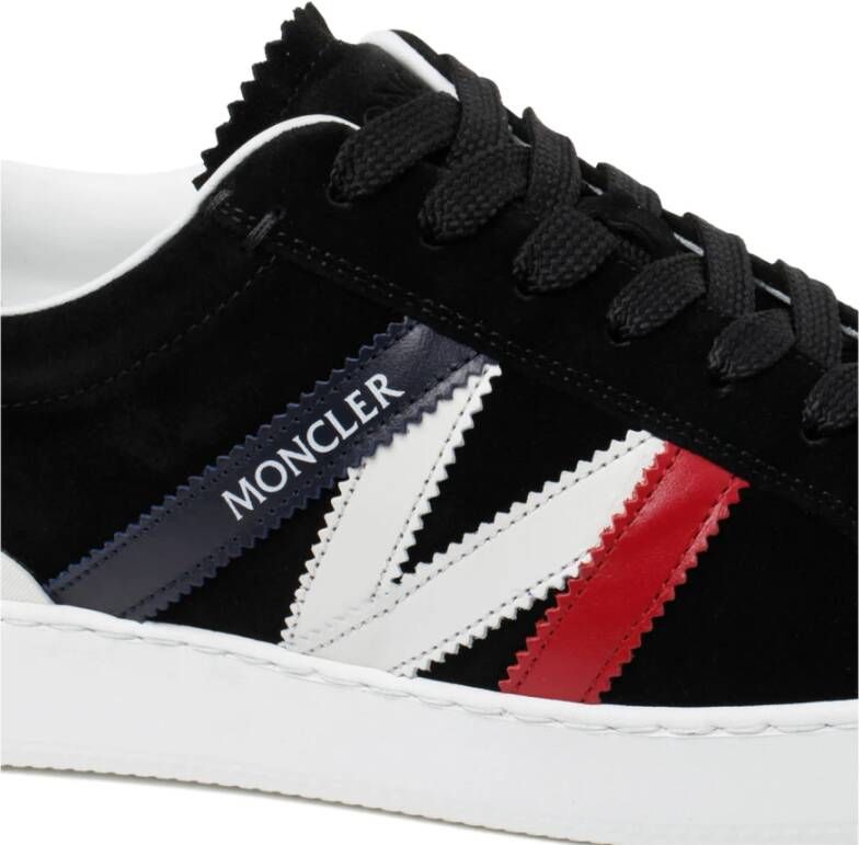 Moncler Navy Blue Red and White Calf Suede Monaco M Low Top Sneakers Zwart Heren