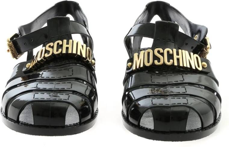 Moschino Zwarte rubberen strandsandalen met gouden logo