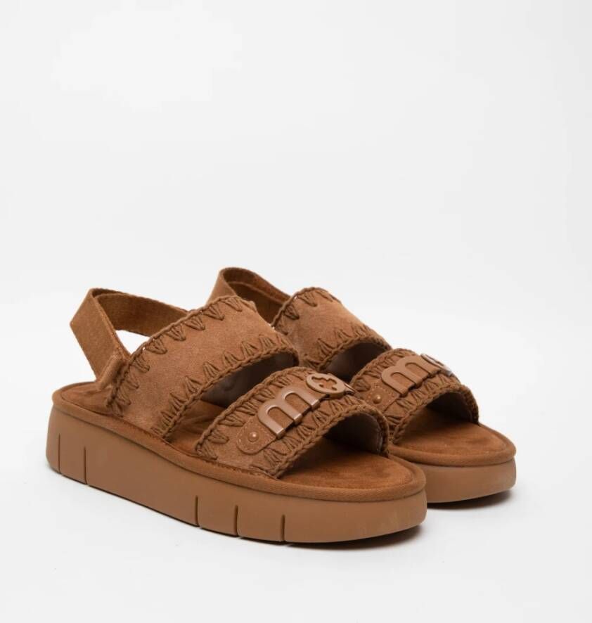 Mou Bruin Leren Plateau Sandalen Haakdetails Brown Dames