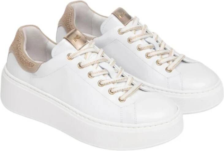 Nerogiardini Beige Leren Sneakers met Gouden Strass White Dames