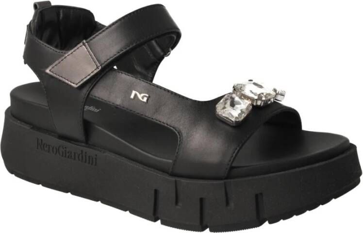 Nerogiardini Zwarte leren sandaal met kristaldetail Black Dames