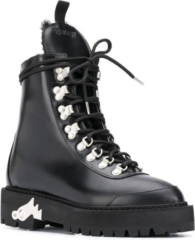 Off White Leren Enkellaarzen Eco Bont Voering Black Dames