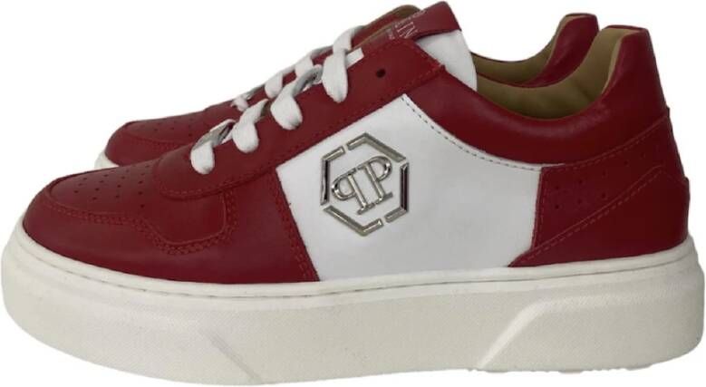 Philipp Plein Rode leren sneakers met witte contrastinzetten en metalen logo Rood Heren