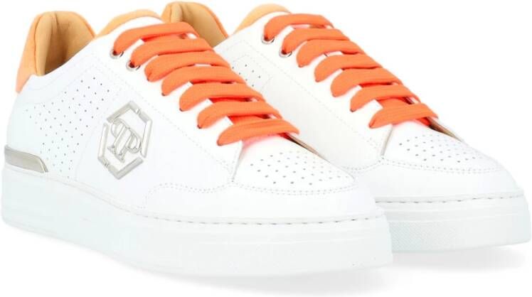 Philipp Plein Wit en Oranje Geperforeerde Leren Sneakers White Heren