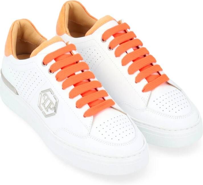 Philipp Plein Wit en Oranje Geperforeerde Leren Sneakers White Heren