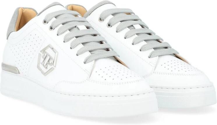 Philipp Plein Witte Geperforeerde Leren Lo-Top Sneaker met Grijze Details White Heren