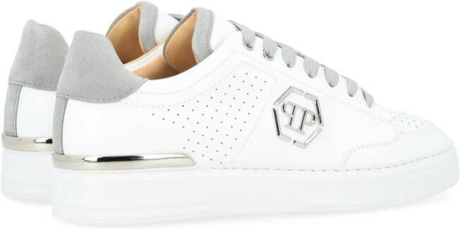 Philipp Plein Witte Geperforeerde Leren Lo-Top Sneaker met Grijze Details White Heren