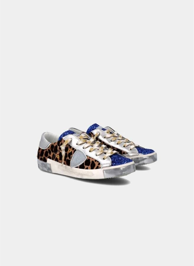 Philippe Model Glitter Lage Sneakers met Zilver Leer en Luipaardprint Blauw Dames