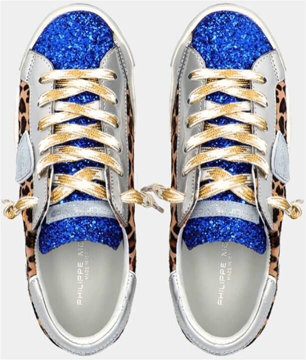 Philippe Model Glitter Lage Sneakers met Zilver Leer en Luipaardprint Blauw Dames