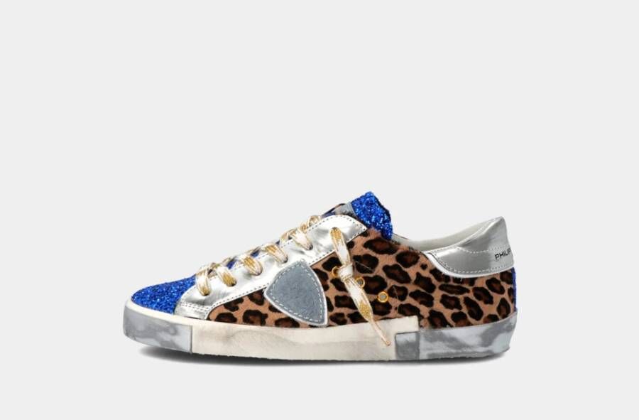 Philippe Model Glitter Lage Sneakers met Zilver Leer en Luipaardprint Blauw Dames