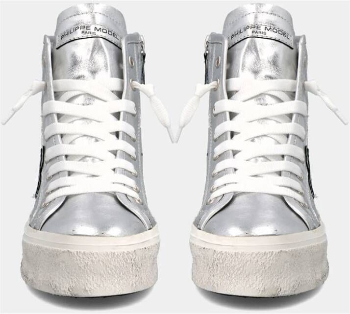 Philippe Model Hoge zilveren gelamineerde sneakers Grijs Dames