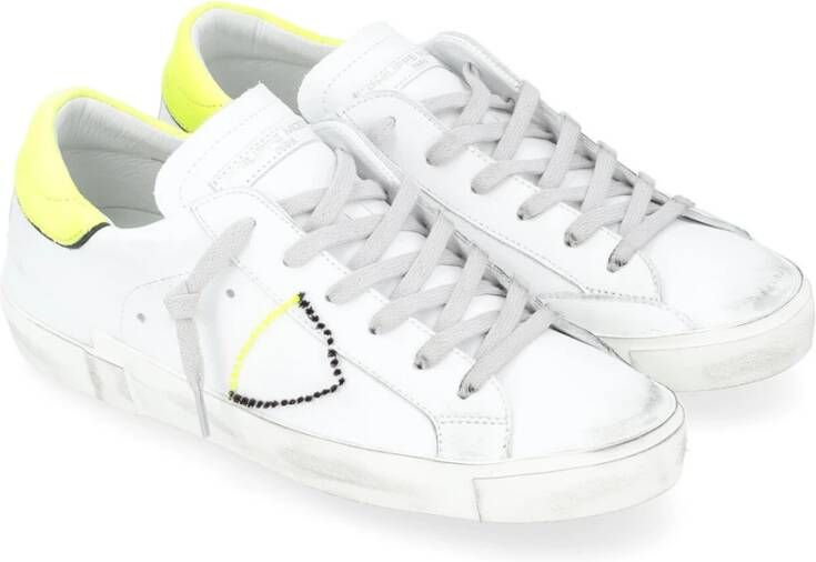 Philippe Model Paris X Leren Sneaker in Wit en Fluorescerend Geel White Heren