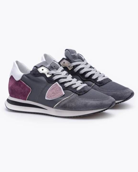 Philippe Model Tropez X Leren en Textiele Sneakers met Uitsparingen en Embleem Grijs Dames