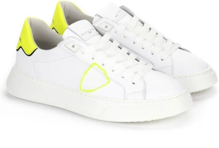 Philippe Model Witte leren sneakers met fluorescerend geel logo Wit Heren
